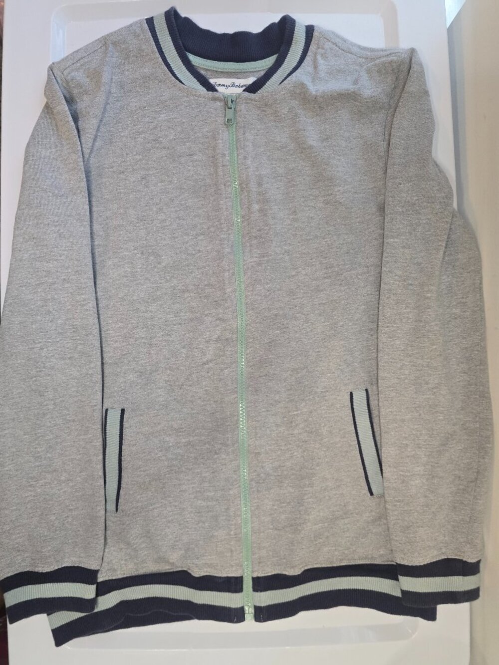 Tommy Bahama Full-zip Varsity Jacket - Dark Blue and Light Green Ribbed Trim